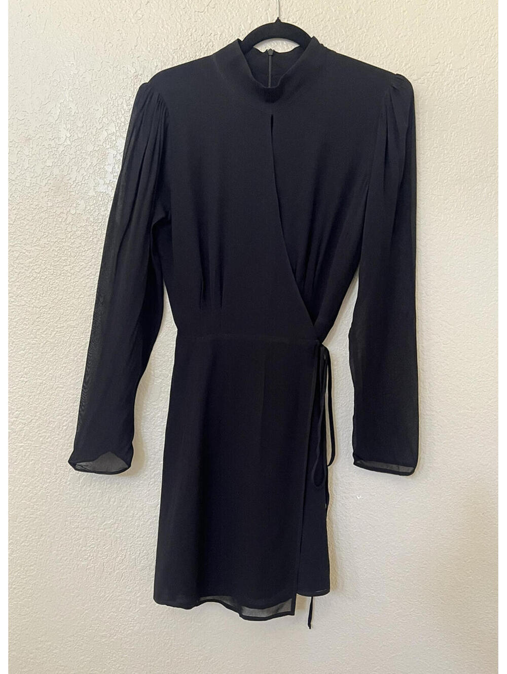 New Reformation Ottessa Long-Sleeve Surplice Wrap Minidress In Black Sz L $248
